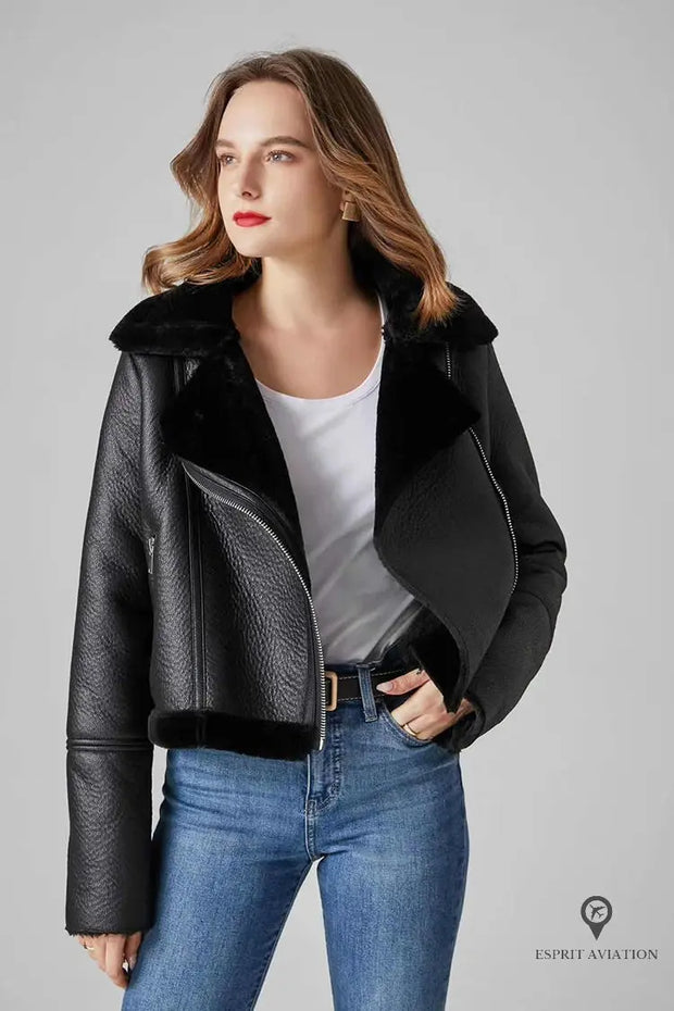Blouson Aviateur Femme Fausse Fourrure Noir | Esprit-Aviation