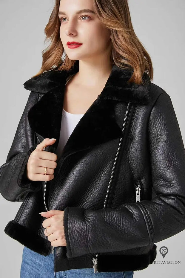 Blouson Aviateur Femme Fausse Fourrure Noir | Esprit-Aviation