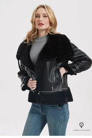 Blouson Aviateur Femme Fausse Fourrure luxe noir | Esprit-Aviation