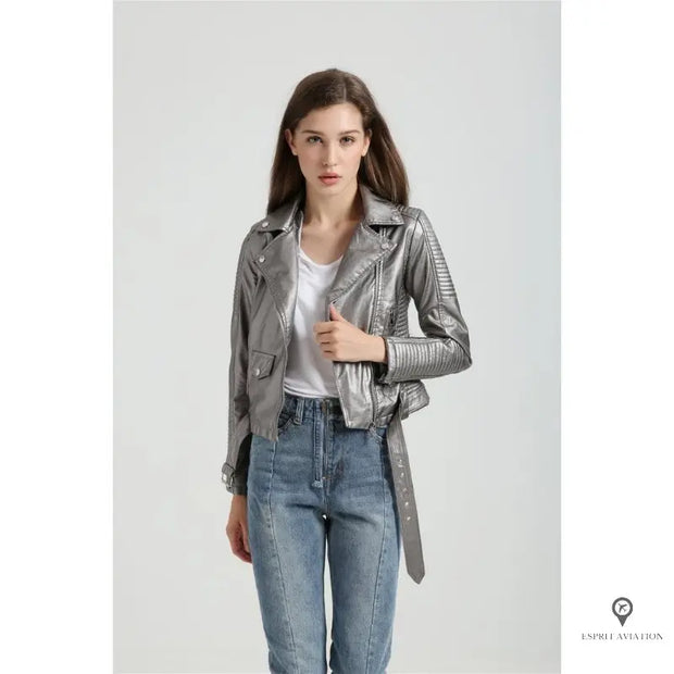 Blouson Aviateur Femme Simili Cuir Gris | Esprit-Aviation