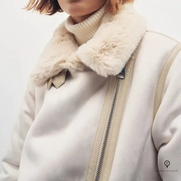 Veste Aviateur Femme Simili Cuir Beige et Blanche | Esprit-Aviation