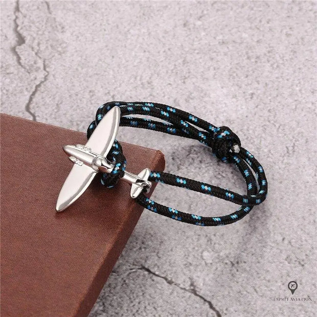 Bracelet Avion Corde Noir, Gris et Bleu Esprit-Aviation