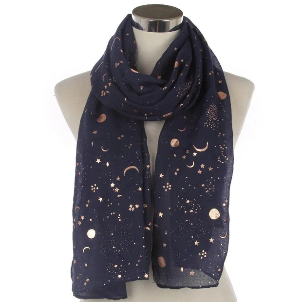 FOXMOTHER 2021 New Fashion Navy Star Moon Foil Gold Scarf For Womens Chirstmas Gifts Esprit-Aviation