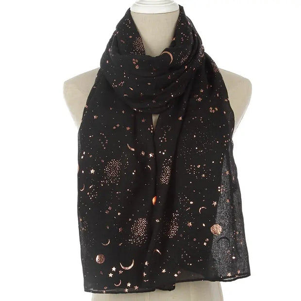 FOXMOTHER 2021 New Fashion Navy Star Moon Foil Gold Scarf For Womens Chirstmas Gifts Esprit-Aviation