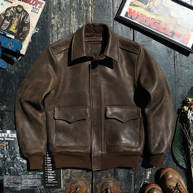 Retro Light Brown Autumn Men's A2 Jacket Plus Size 4XL American Military Style Natural Cowhide Pilot Genuine Leather Coats Esprit-Aviation