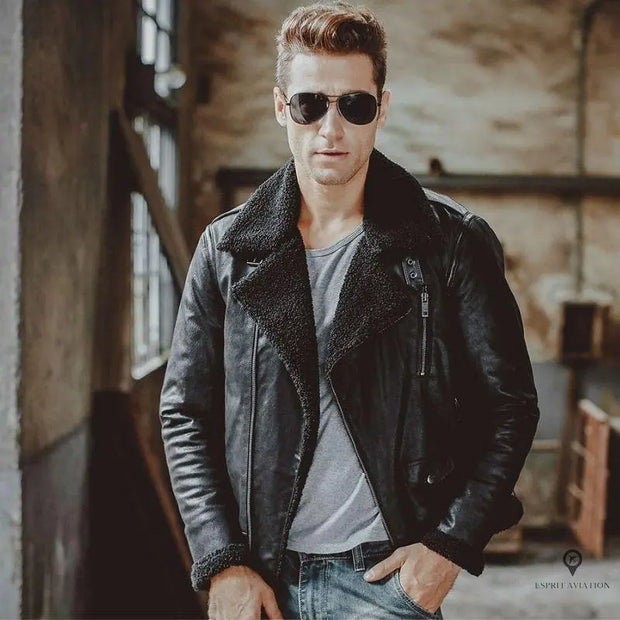 Veste Aviateur Homme Imitation Peau de Mouton Noir Esprit